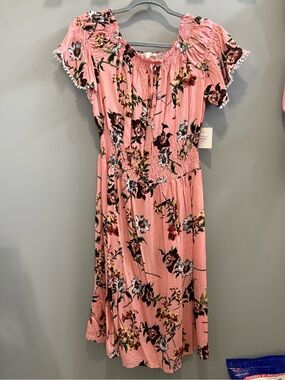 DASHING Women’s Ruffle Off The Shoulder Pom Pom Smocked Floral Mini Dress NWT